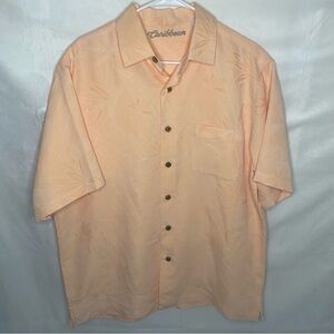 Caribbean Men Large Orange Hawaiian Camp Shirt Peach Floral Palm Leaf Textured